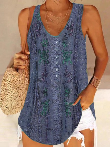 Ethnic Boho Buttoned Loose Tank Top, Blue, Tanks & Camis