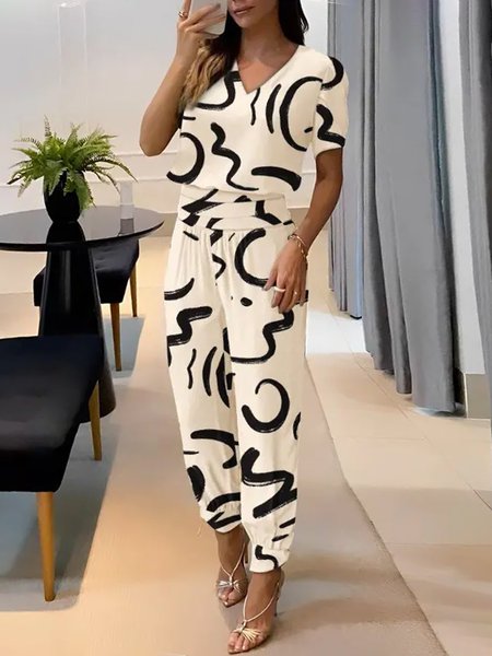 Elegant V Neck Regular Fit Abstract Stripes Two-Piece Set, Off white, Two-piece Set
Elegant V Neck Regular Fit Abstract Stripes Two-Piece Set, Off white, Two-piece Set