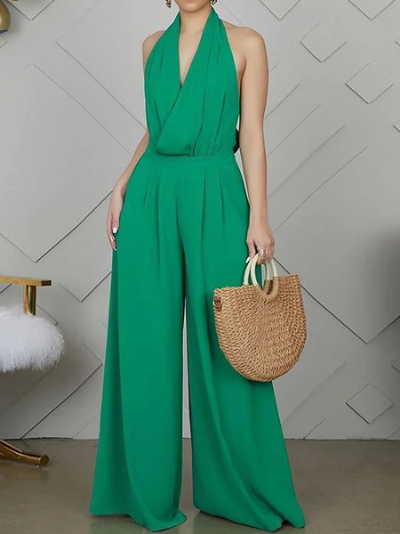 Halter Regular Fit Halter Sleeveless Urban Plain Jumpsuit, Green, Jumpsuits