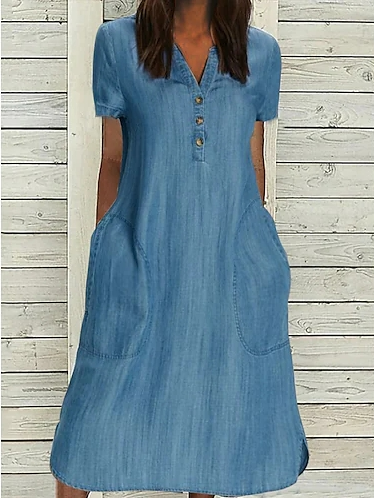 Loose V Neck Plain Casual Dress, Blue, Dresses