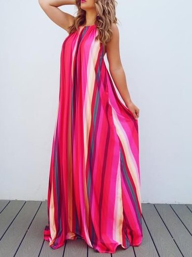 Party Vintage Striped Satin Dress, As picture, Maxi Dresses