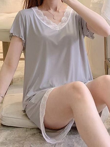 Lace Panel Loose Short Sleeve Shorts Pajama Set, Silver, Loungewear & Sleepwear
Lace Panel Loose Short Sleeve Shorts Pajama Set, Silver, Loungewear & Sleepwear
