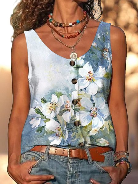 

Buttoned Casual Loose Floral Tank Top, Blue, Tanks & Camis