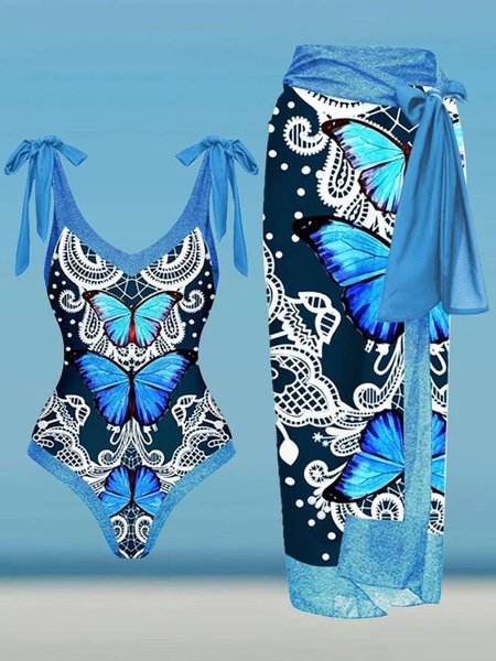 Vacation Abstract Printing V Neck One Piece With Cover Up, Blue, swimwear>>One-Pieces