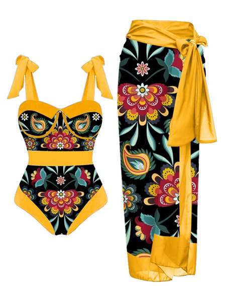 

Vacation Abstract Printing Notched One Piece With Cover Up, Black, swimwear>>One-Pieces
