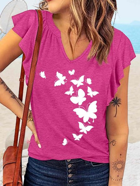 Women's Casual V Neck Butterfly T-Shirt, Pink, T-shirts 
Women's Casual V Neck Butterfly T-Shirt, Pink, T-shirts