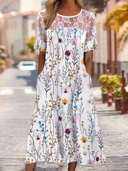 Casual Split Joint Floral Loose Dress, White, Dresses