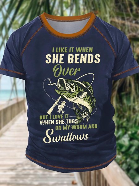 

Men's I Like It When She Bends Over But I Love It When She Tugs On My Worm And Swallows Funny Fishing Graphic Printing Text Letters Regular Fit Casual Crew Neck T-Shirt, Blue, T-shirts