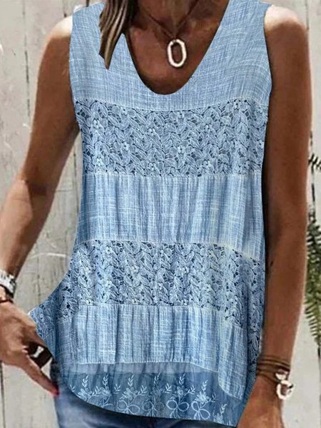 Cotton And Linen V Neck Loose Casual Tank Top, Light blue, Tanks & Camis