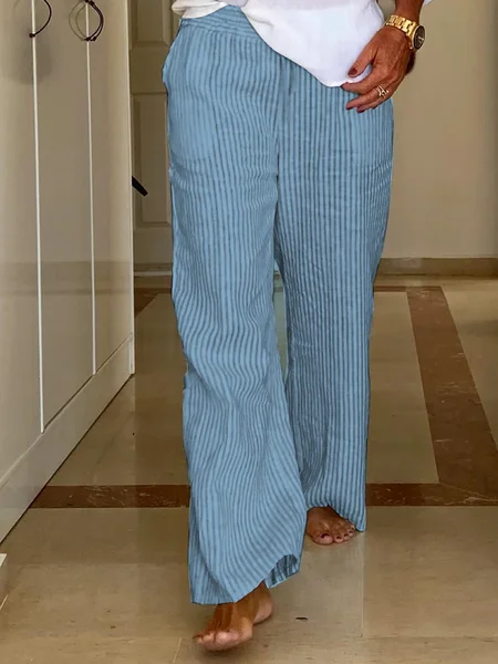 

Women Casual Stripe High Waist Drawstring Loose Pockets Trousers Cotton Linen Wide Leg Lounge Pants, Blue, Pants