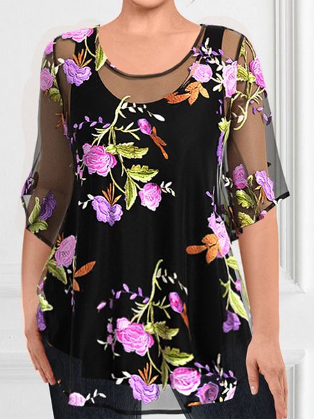 Loose Floral Crew Neck Casual Two-Piece Set, Black, Tops