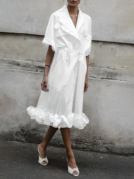 Shawl Collar Plain Loose Urban Dress, White, Midi Dresses