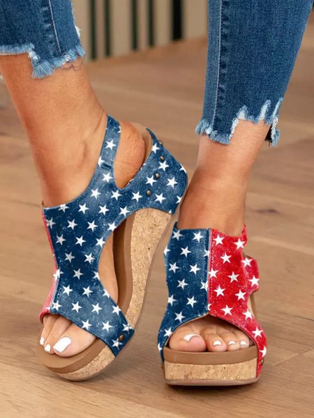 Color Block American Flag Star Printed Wedge Sandals, Red-blue, Sandals