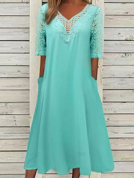 Women's Half Sleeve Scoop Neck Lace Stitching Midi Dress, Green, Dresses