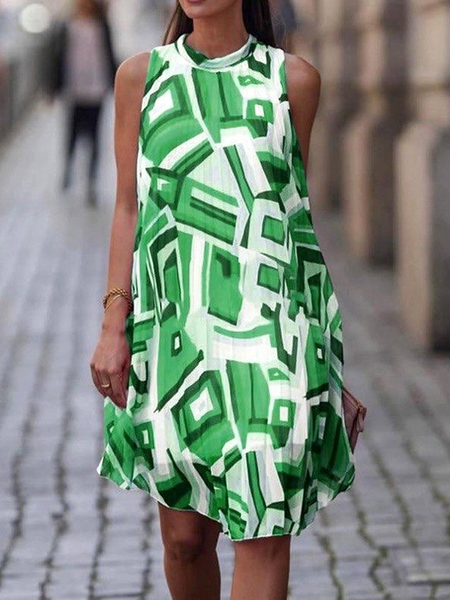 Loose Vacation Sleeveless Geometric Skirt Dress, Green, Mini Dresses