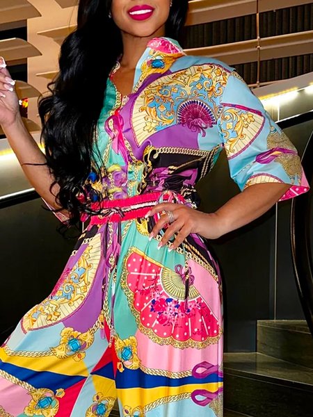 Vacation Stand Collar Half Sleeve Blouse, Multicolor, Blouses and Shirts