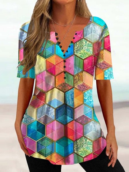 Women's Half Sleeve V-neck Graphic Casual Top, Blue, Shirts & Blouses