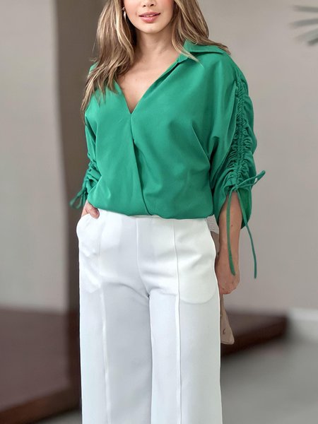 Loose Shirt Collar Casual Plain Blouse, Green, Blouses and Shirts