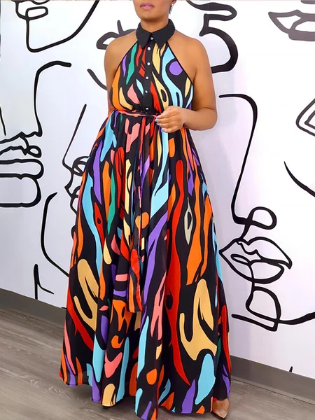 Abstract Print Vacation Sleeveless Shirt Collar Dress, Multicolor, Maxi Dresses
Abstract Print Vacation Sleeveless Shirt Collar Dress, Multicolor, Maxi Dresses
