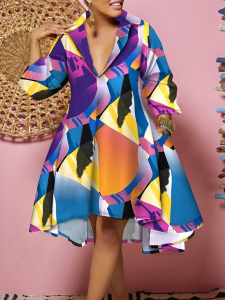 Geometric Loose Lapel Collar Vacation Dress, Multicolor, Mini Dresses