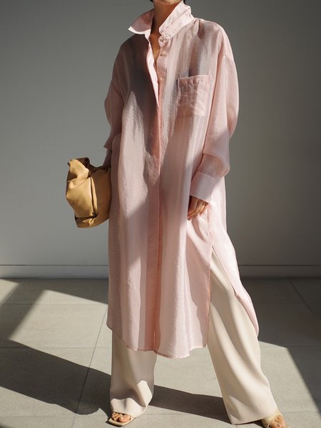 Long sleeve Elegant Shirt Collar Plain Blouse, Pink, Blouses and Shirts