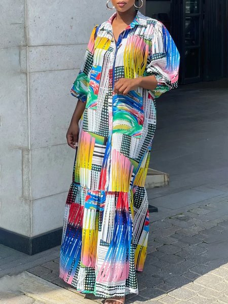 Half sleeve Elegant Shirt Collar Geometric Dress, Blue, Maxi Dresses