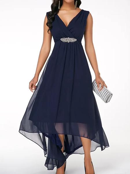 

A-Line Wedding Guest Dresses High Low Dress Wedding Party Asymmetrical Sleeveless V Neck Chiffon with Ruched, Navyblue, Formal Dresses