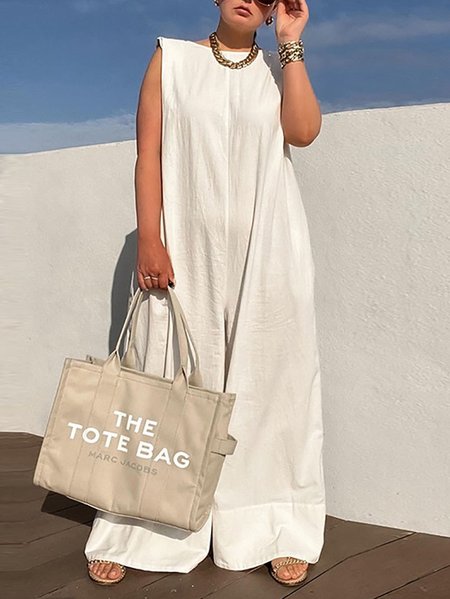 Plus Size Casual Crew Neck Oversize Plain Jumpsuit, White, Plus Jumpsuits