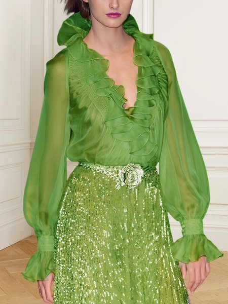 Plain Lotus Leaf Collar Elegant Loose Blouse, Green, Blouses and Shirts