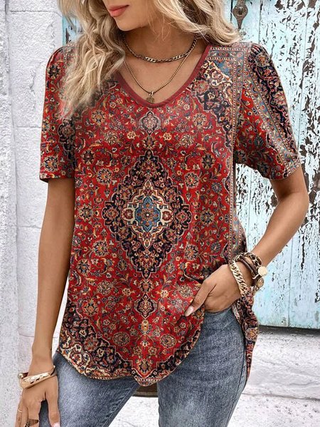Casual Loose V Neck Ethnic T-Shirt, Wine red, T-Shirts
