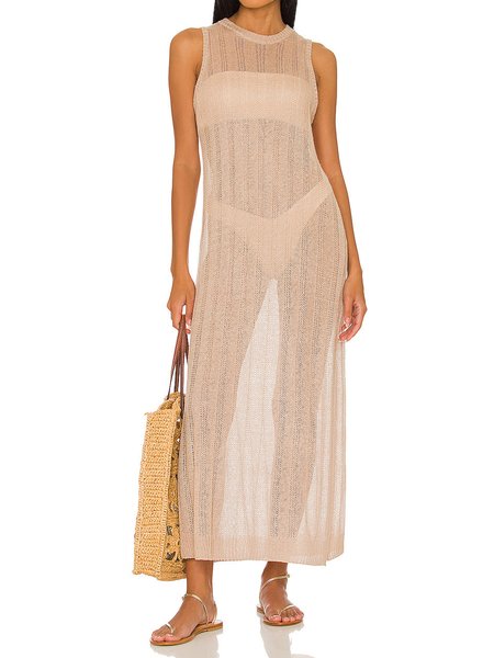 Casual Plain Crew Neck Coverup, Apricot, Coverups