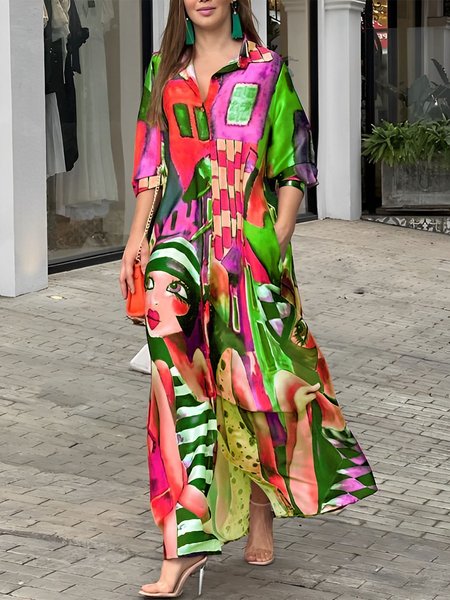 Vacation Loose Face Shirt Collar Dress, As picture, Maxi Dresses