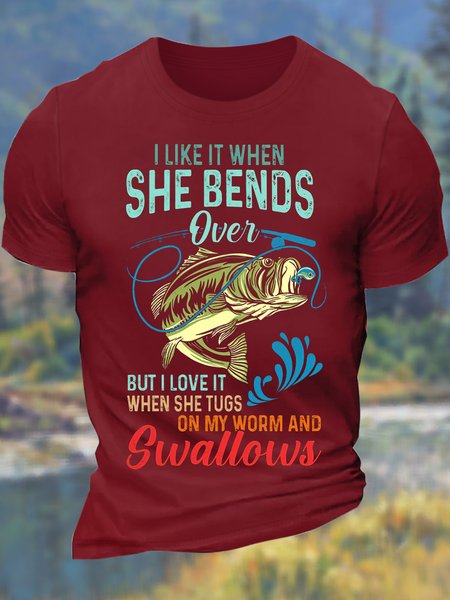 

Men’s I Like When She Bends Over But I Love It When She Tugs On My Worm And Swallows Cotton Text Letters Casual Crew Neck T-Shirt, Red, T-shirts