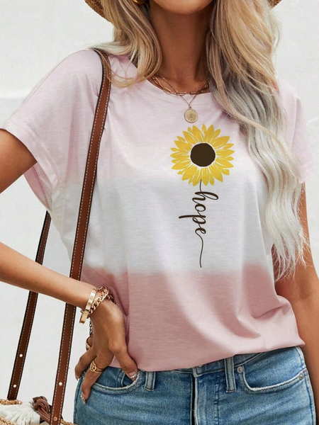 Floral Crew Neck Casual Loose T-Shirt, White, T-Shirts
