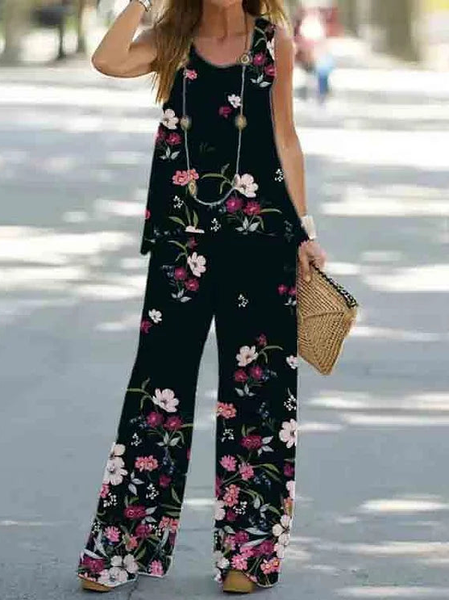 Crew Neck Floral Loose Simple Two-Piece Set, Black, Floral Dresses