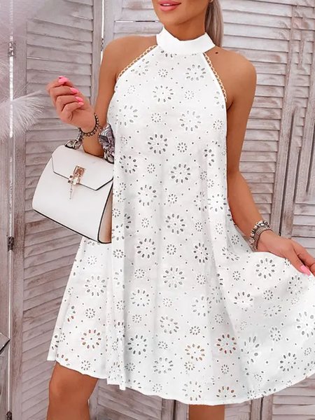 Daily Elegant Plain Halter Regular Fit Dress, White, Mini Dresses