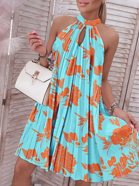 Orange Floral Vacation Halter Dress, Blue, Mini Dresses