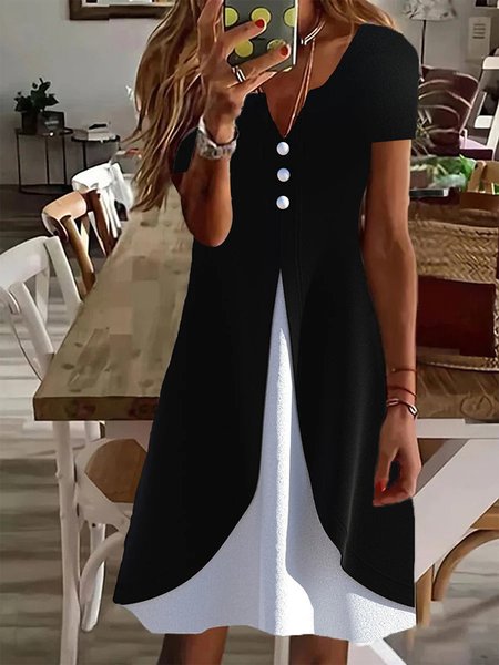 Casual Loose Color Block Mock Two-Piece Dress, Black, Dresses
