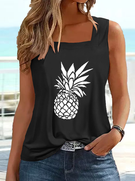 Women's Pineapple Cotton Casual Square Neck Tank Top, Black, Tank Tops