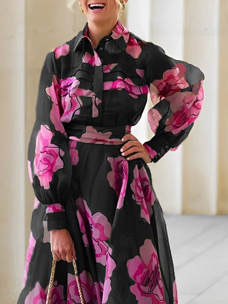 Vacation Shirt Collar Regular Fit Floral Blouse, Black, Blouses and Shirts