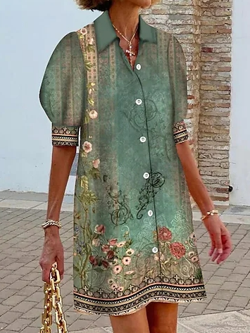 Shirt Collar Loose Casual Dress, Green, Dresses