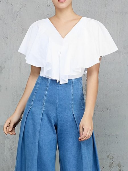 Casual Plain Regular Fit V Neck Shirt, White, Blouses and Shirts