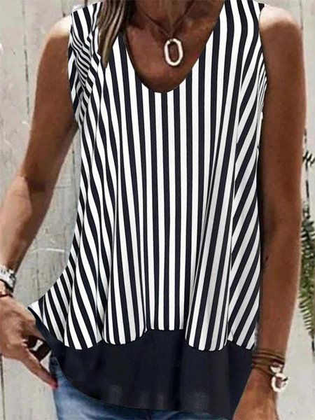 

Striped Casual Scoop Neck Loose Tank Top, Black-white, Tanks & Camis