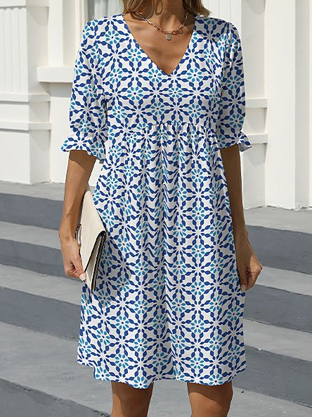 V Neck Geometric Casual Dress, Blue, Dresses