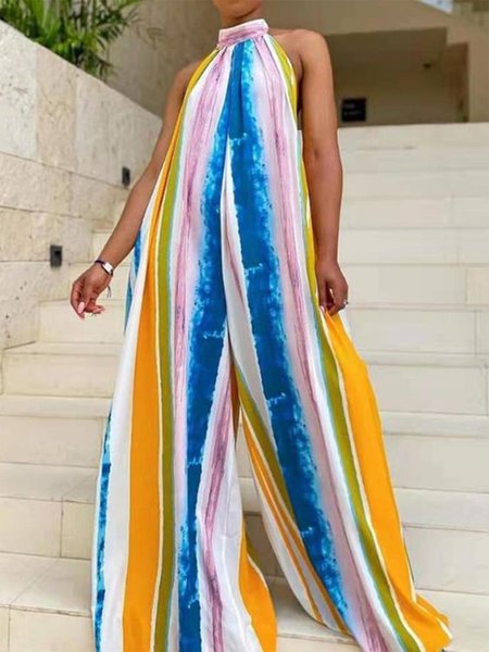 Abstract Stripes Oversize Vacation Halter Jumpsuit, As picture, Jumpsuits