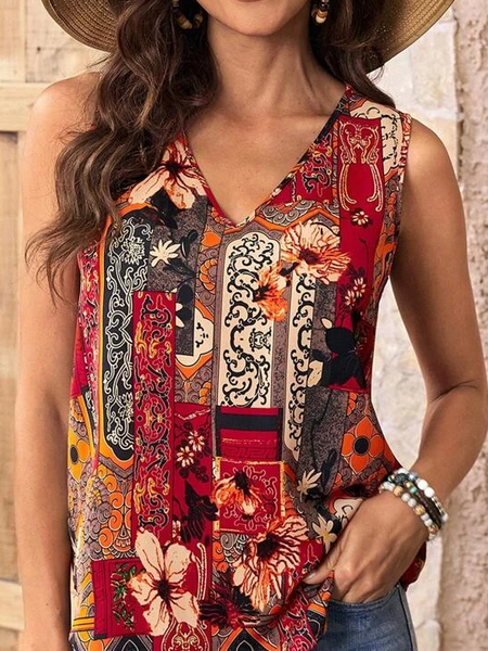 Casual V Neck Nationality/Ethnic Tank Top, Red, Tanks & Camis