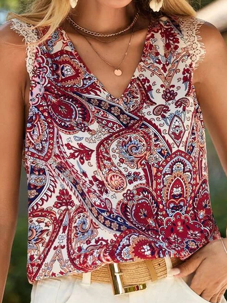 

V Neck Paisley Casual Tank Top, Red, Tanks & Camis