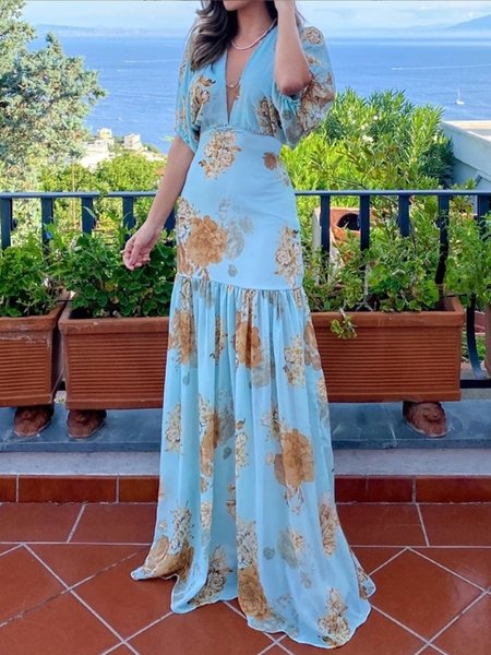 Half sleeve Regular Fit Lantern Sleeve Vacation Dress, Blue, Maxi Dresses