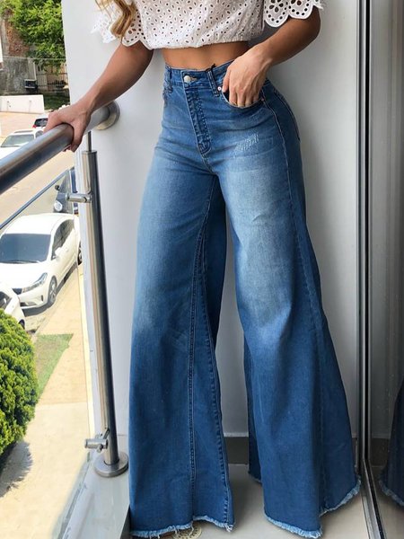 High Waist Plain Loose Wide leg Jeans, Blue, Jeans 
High Waist Plain Loose Wide leg Jeans, Blue, Jeans