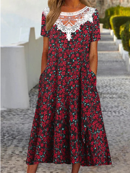 Crew Neck Floral Casual Loose Lace Dress, Red, Dresses
